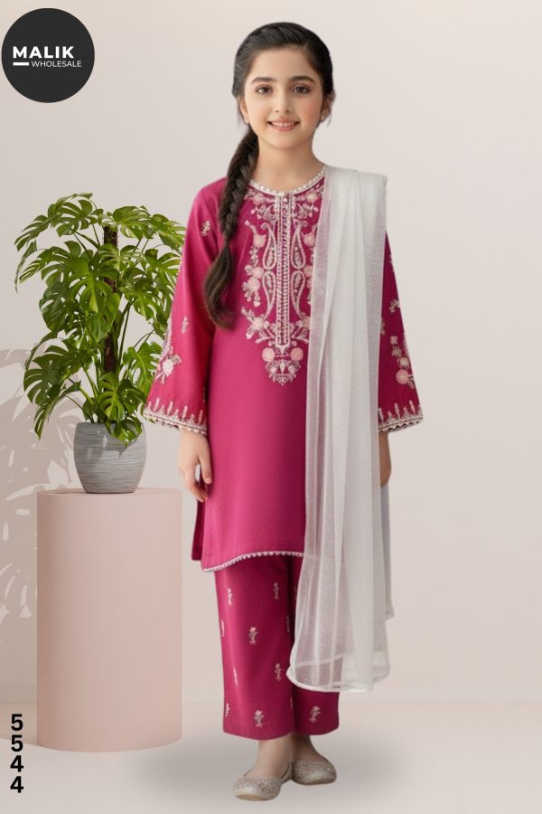 Girls 3-Piece Embroidered & Stitched Dhanak Midi Shirt