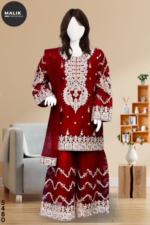 Girls 3Pcs Embroidered & Stitched Net Sharara