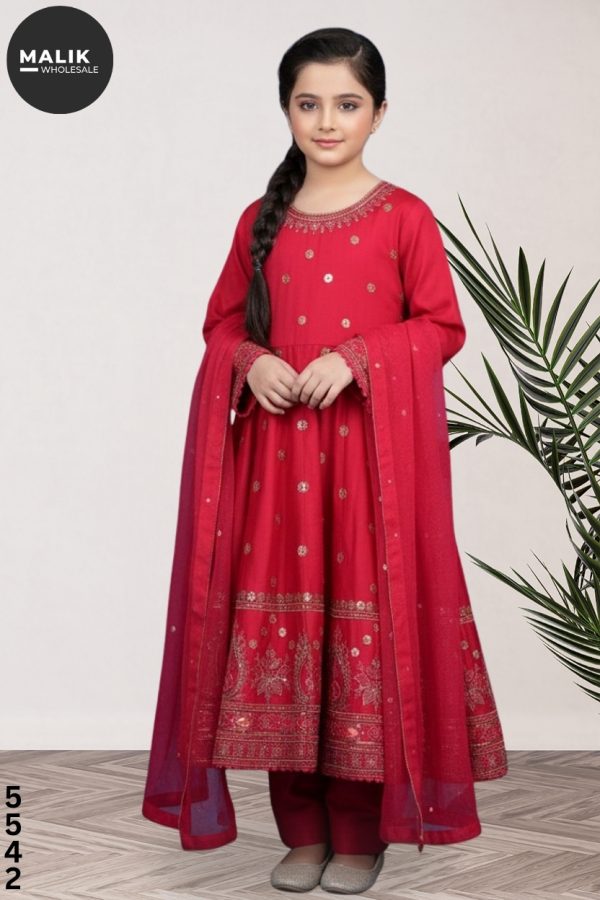 Girls 3-Piece Embroidered & Stitched Viscose Frock