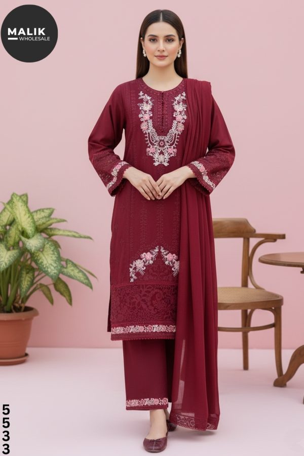 Women’s 3-Piece Embroidered & Stitched Dhanak Dress