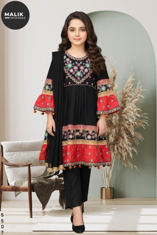5507- Girls Stitched Embroidered Chiffon Frock