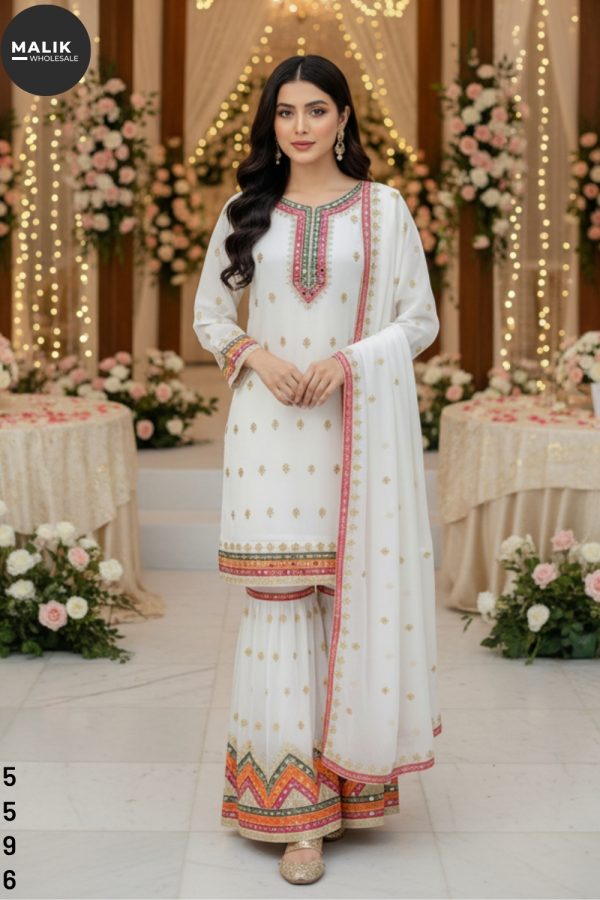 5596- Women's 3pcs Embroidered & Stitched Chiffon Sharara