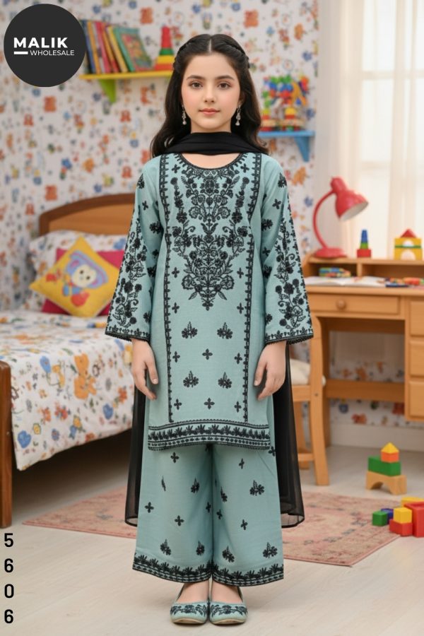 5606- Girl's 3pcs Embroidered & Stitched Dhanak Midi Shirt