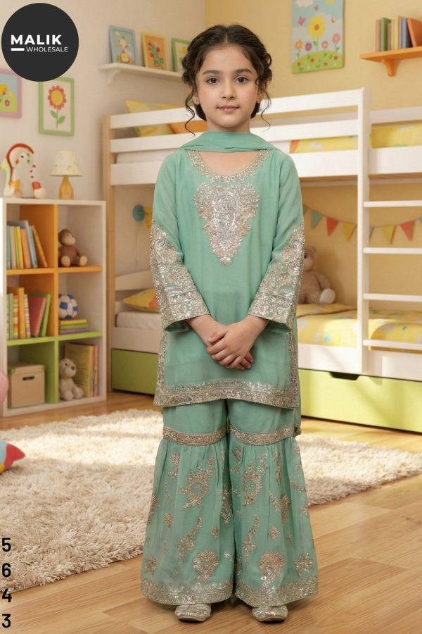 5643- Girls 3Pcs Embroidered & Stitched Chiffon Sharara