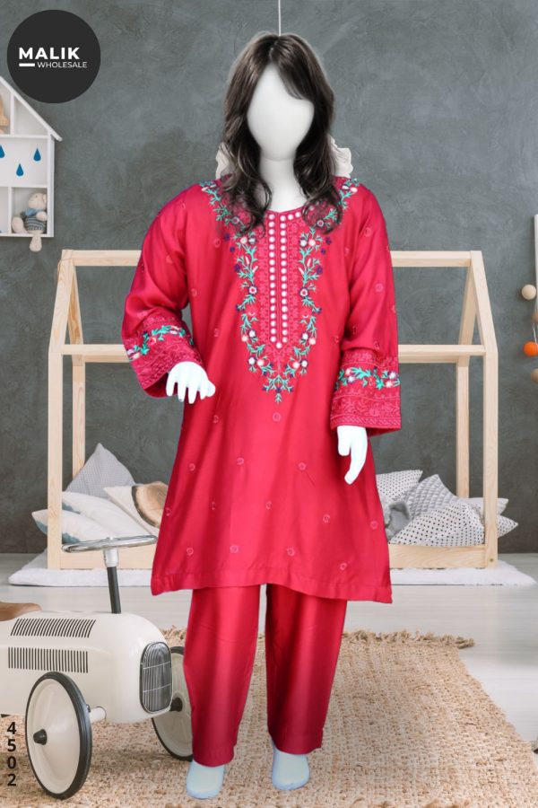 4502- Girls Embroidered 3Pcs Linen Shirt Set