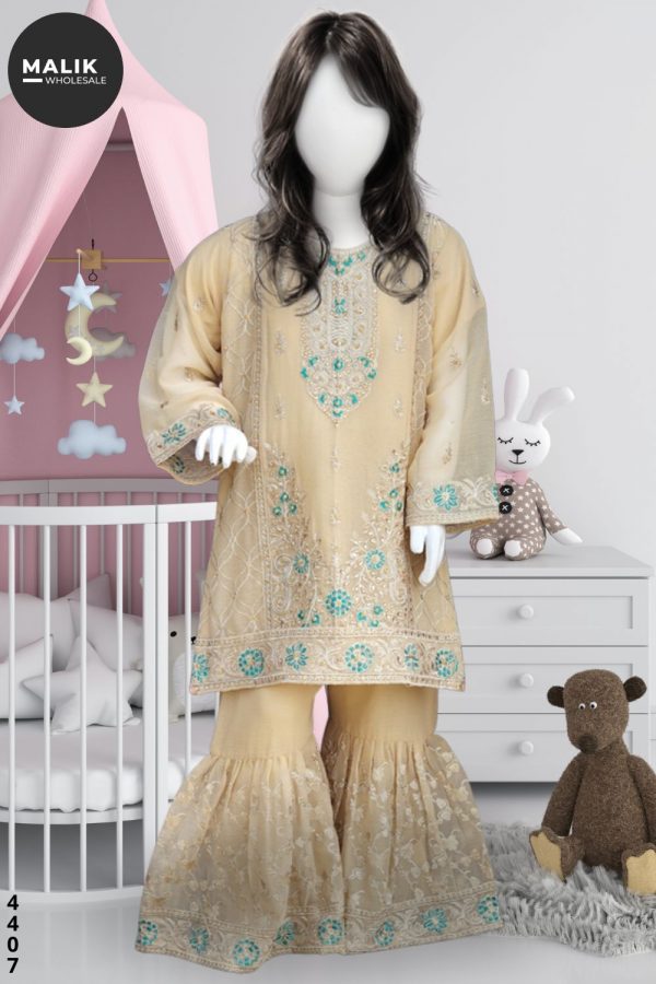 4407- Girls Embroidered 3Pcs Chiffon Sharara Set