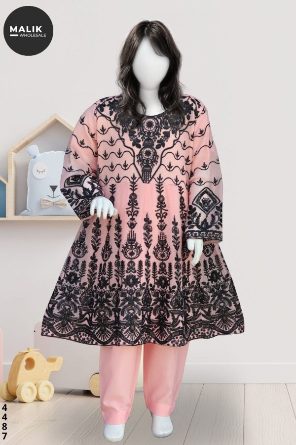 4487- Girls 3Pcs Embroidered Chiffon Frock Set