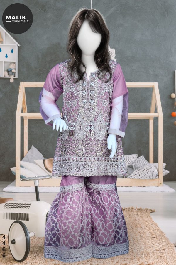 4466- Girls 3Pcs Embroidered Net Sharara Set