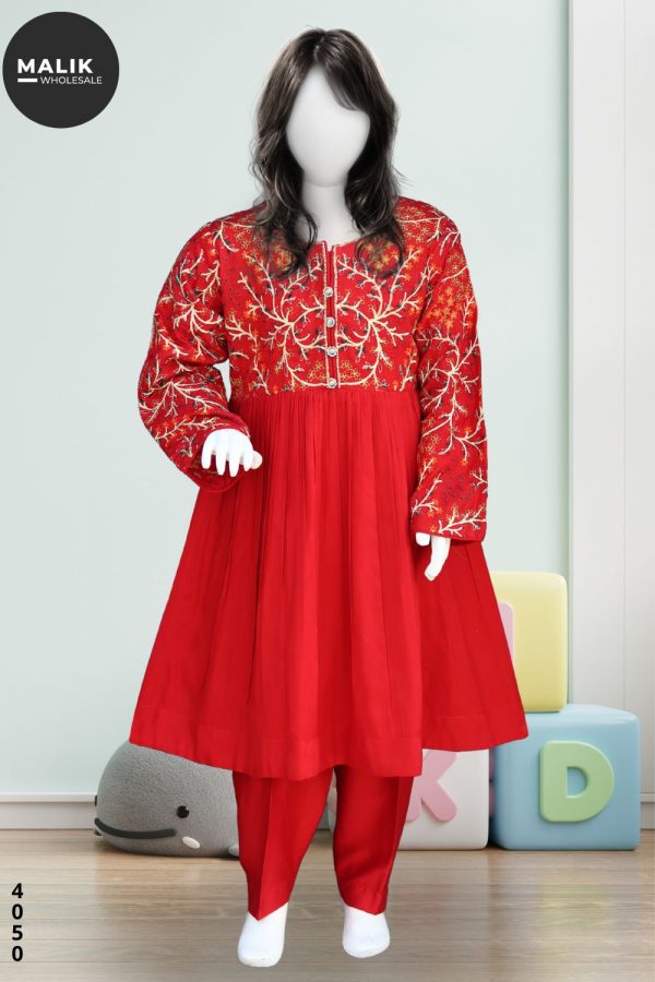 4050- Girls 3Pcs Embroidered Cotail Frock Set