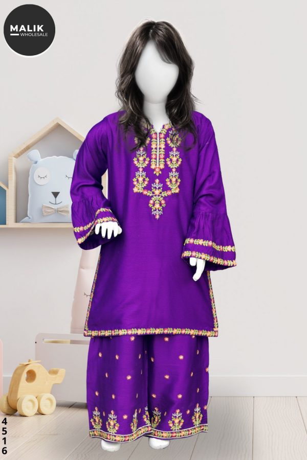 4516- Girls 3Pcs Embroidered Cotail Midi Shirt Set