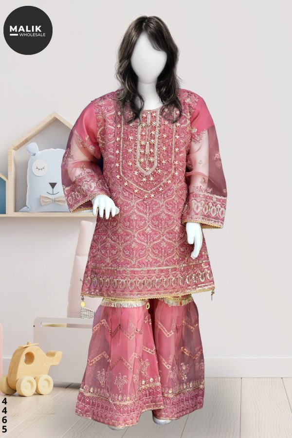 4465-Girls 3Pcs Embroidered Organza Sharara Set