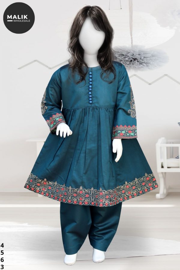 4563- Wholesale Girls Embroidered 3Pcs Khadar Frock Set