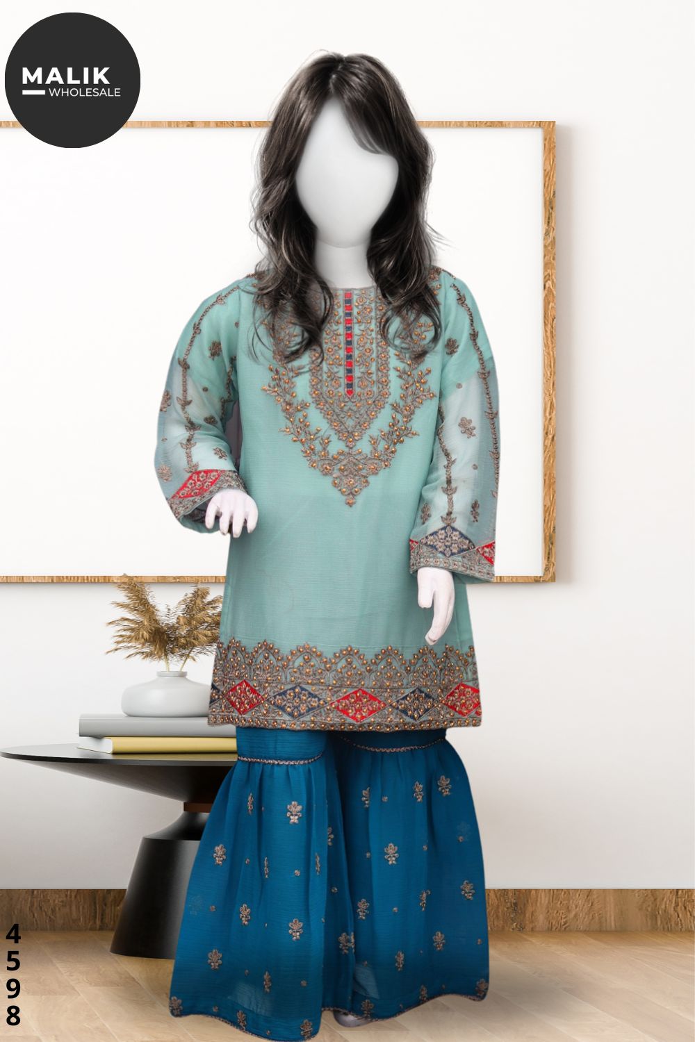 4598- Girls 3Pcs Embroidered Chiffon Sharara