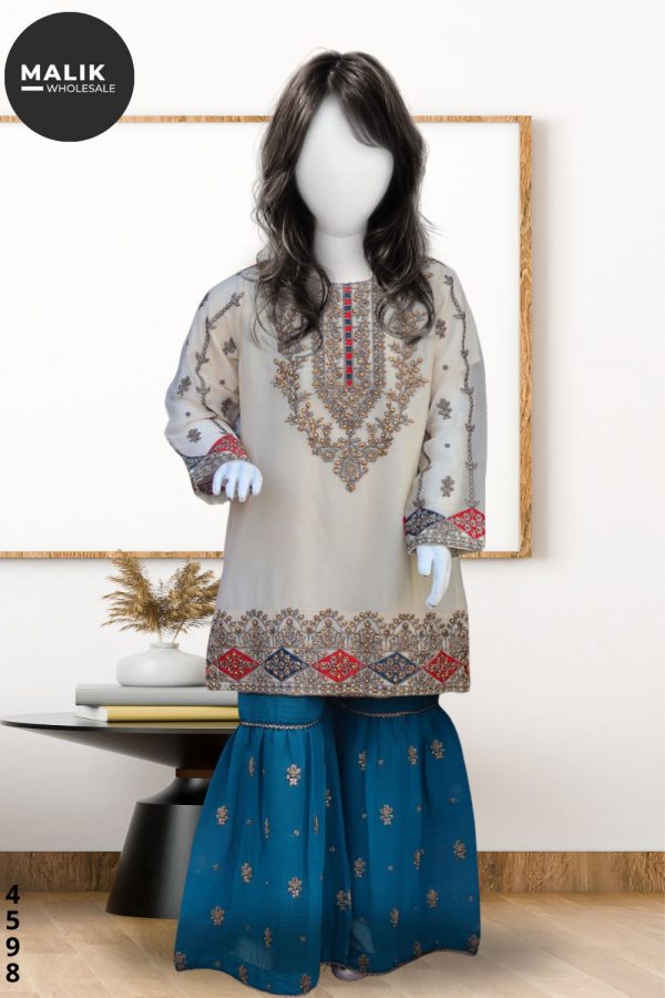 4598- Girls 3Pcs Embroidered Chiffon Sharara Set