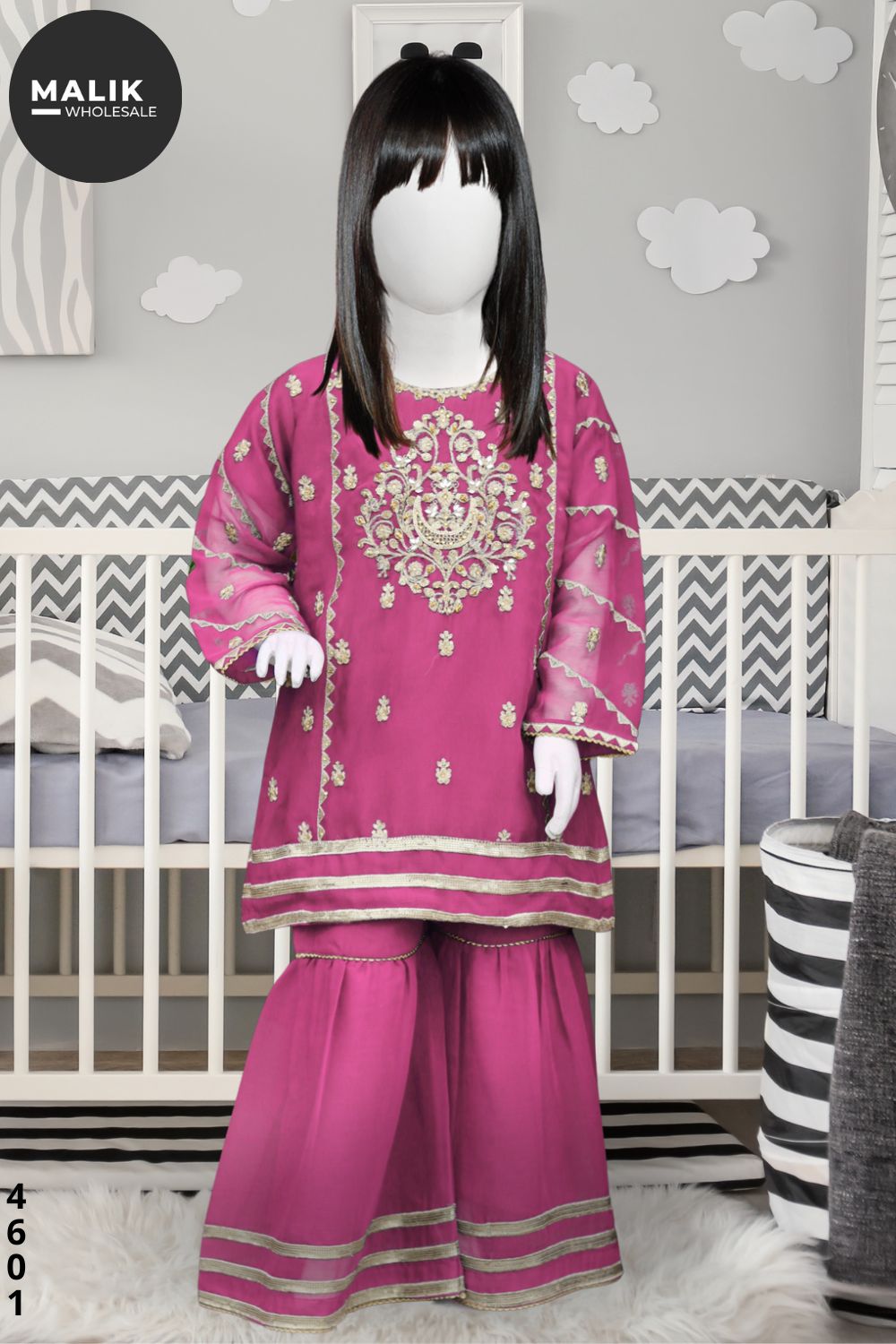 4601- Girls 3Pcs Embroidered Chiffon Sharara