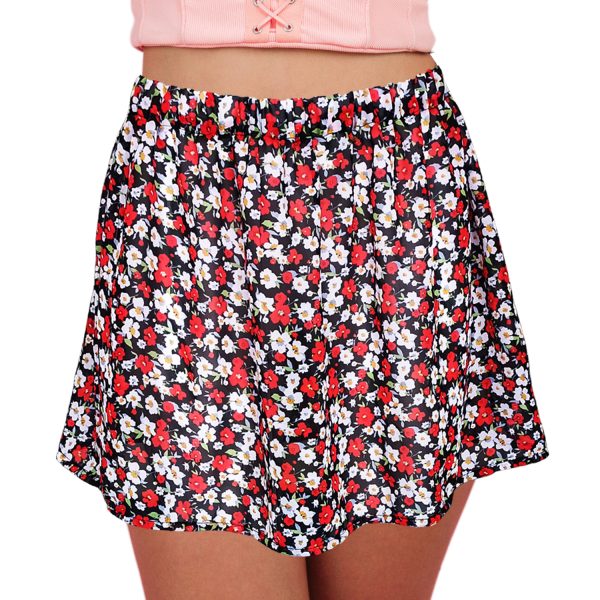 Womens Flared Daisy Floral Red Print Chiffon Skirt