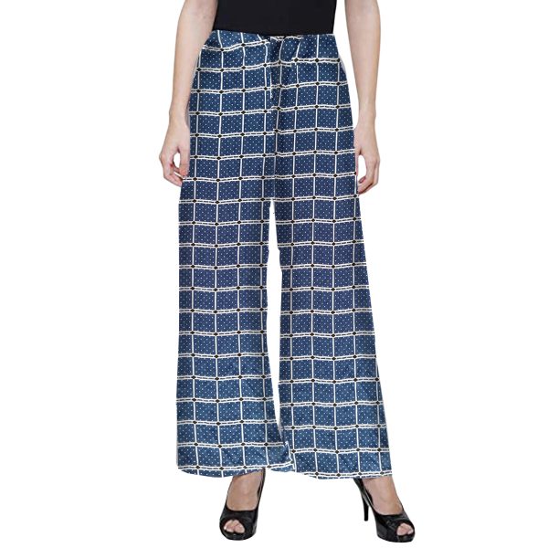 Womens Casual Palazzo Trouser Blue Check Print