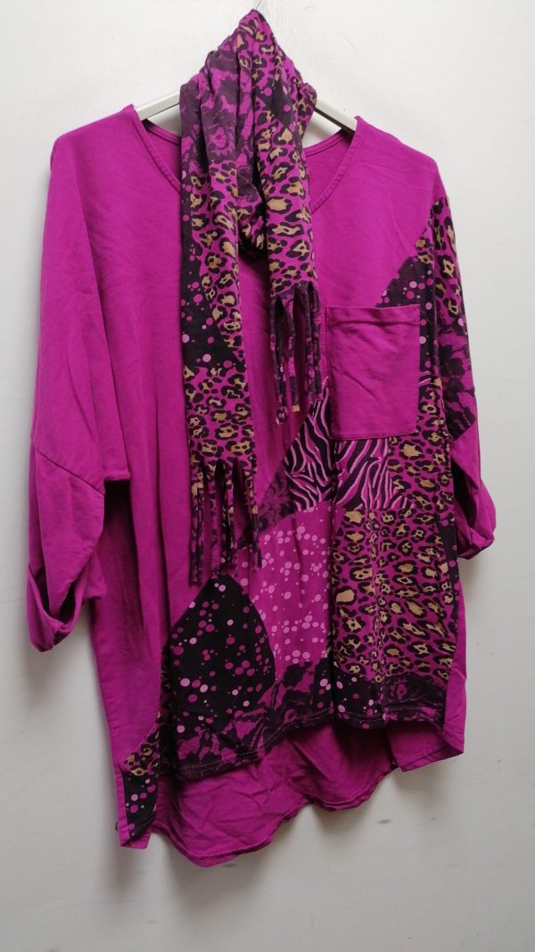 Leopard Patch Print Long Sleeve Cotton With Scarf Top