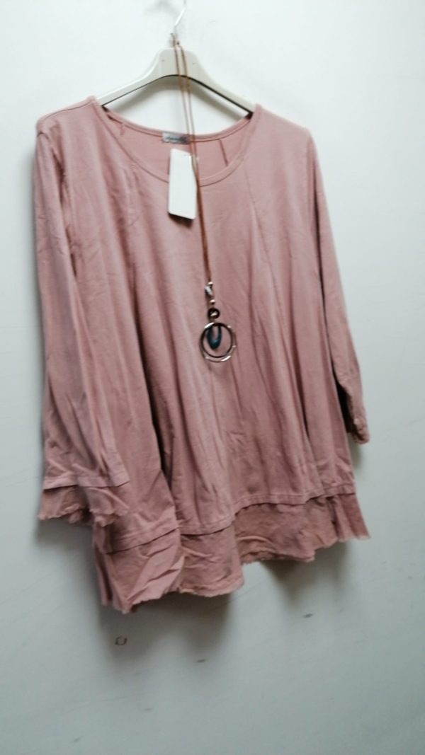 Plain Long Sleeve Cotton Layered Hem Necklce Top