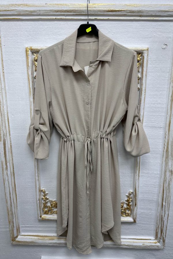 Plain Drawstring Button Up Shirt Dress