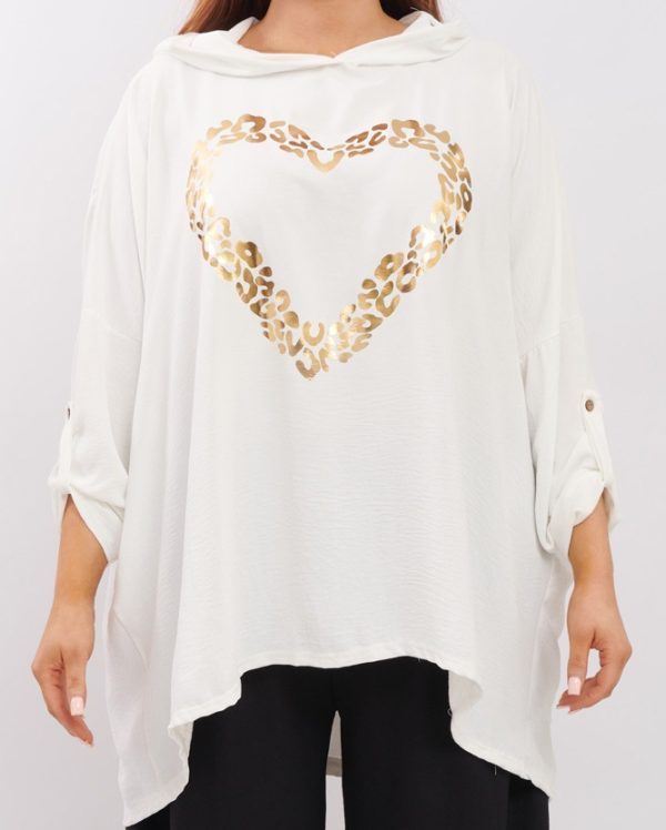 Leopard Heart Print Dipped Hem Hoody