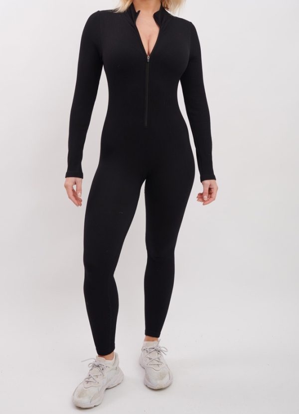 Plain Ribbed Zip Up Seamless Nylon Jumpsuit