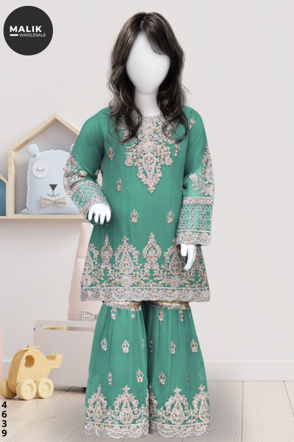 4639- Girls 3Pcs Embroidered Chiffon Sharara