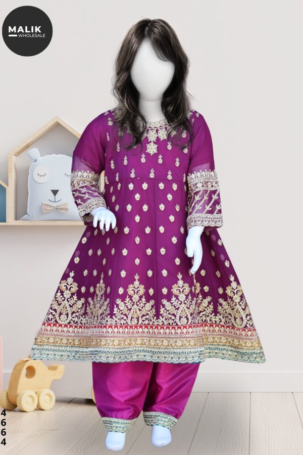 4664- Girls 3Pcs Embroidered Chiffon Frock Set