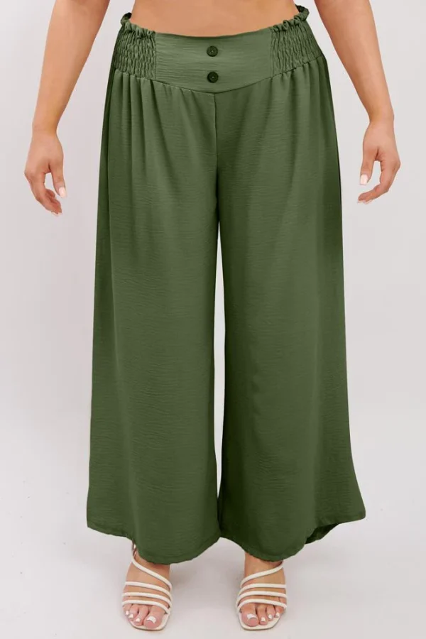 Plain Waist Button Wide Leg Trouser