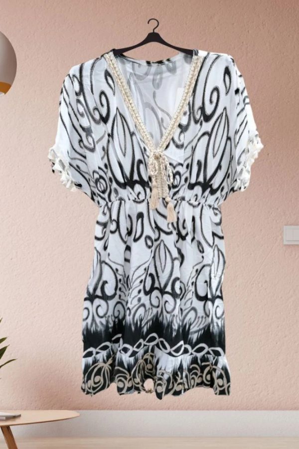 Abstract Swirl Print Embroidered Tassel Neck Dress