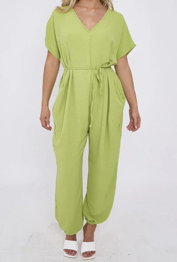 Plain Cuffed Hem Drawstring Waistband Jumpsuit