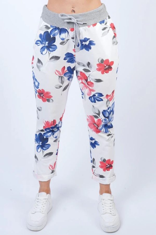 Flower Print Pockets Cotton Jogging Bottom