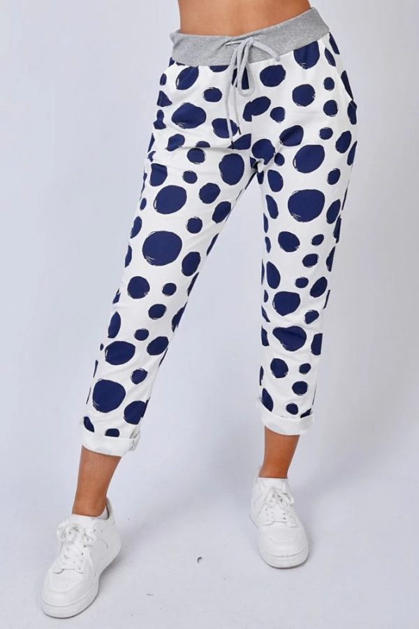 Cotton Polka Dot Print Drawsting Waistband Pockets Trousers