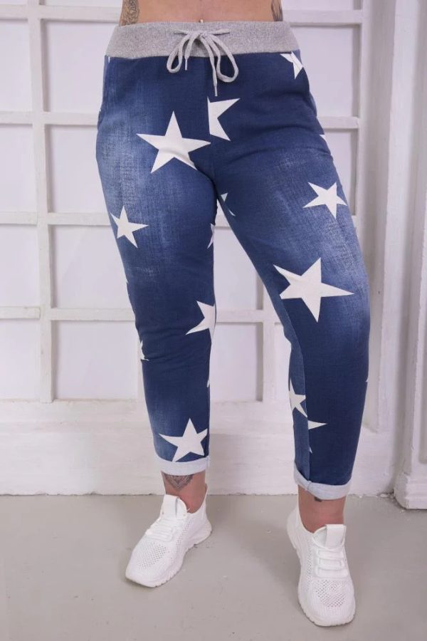 Women Star Print Drawsting Waistband Foldover Hem Trouser