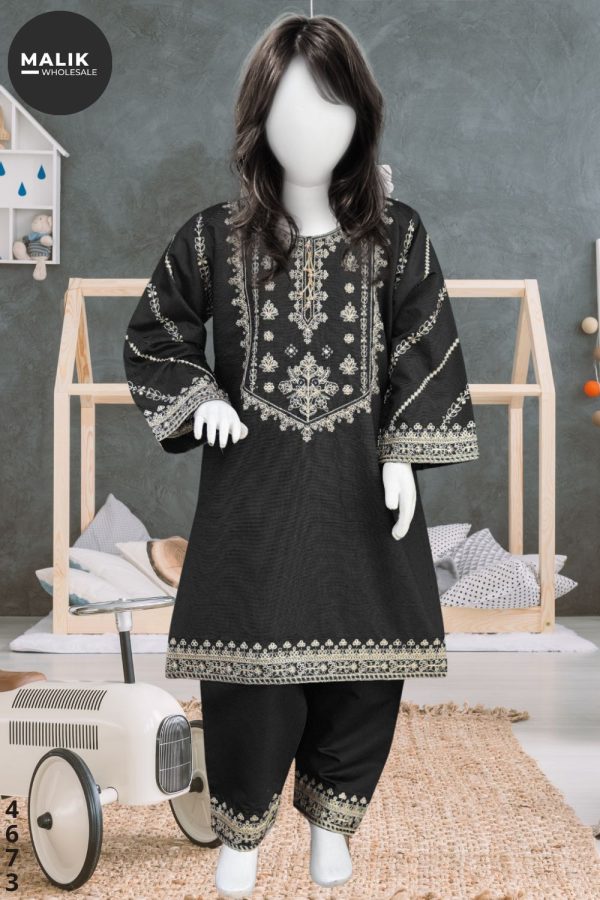 4673-Girls Embroidered Linen Midi Shirt 3Pcs Set 22-38