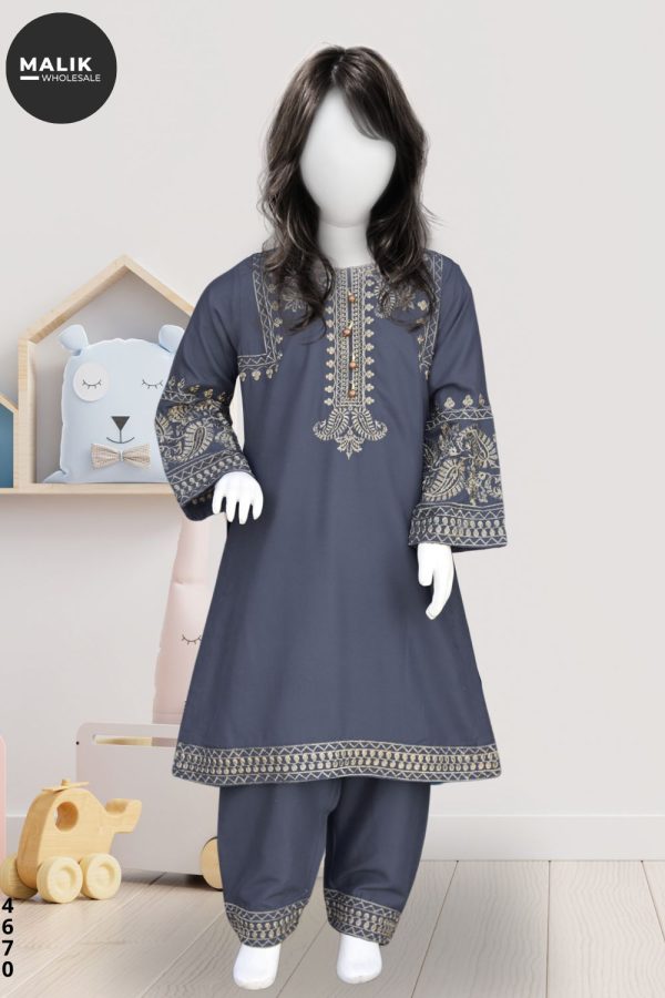 4670-Girls Embroidered Linen Frock 3Pcs Set 22-38