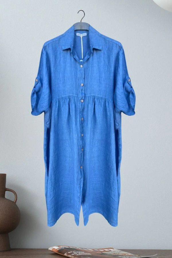 Plain Button Up Pockets Long Shirt Linen Dress