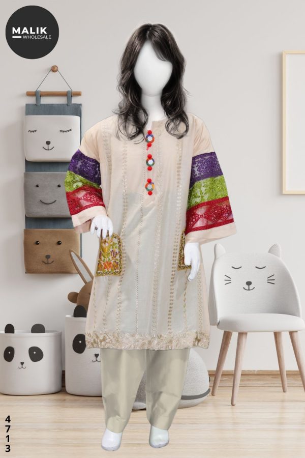 4713-Girls  Embroidered Cotton Midi Shirt 3Pcs Set 26-36