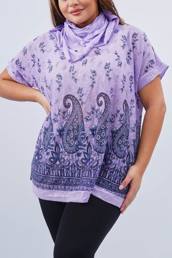 Paisley Floral Print Sequin Trim Hem Scarf Top