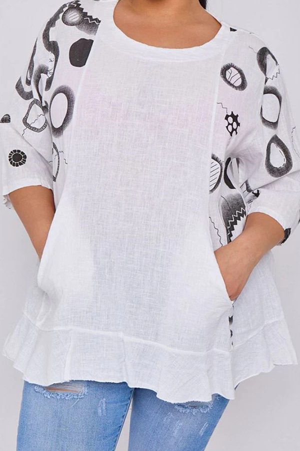 Circle Print Ruffle Hem Linen Top