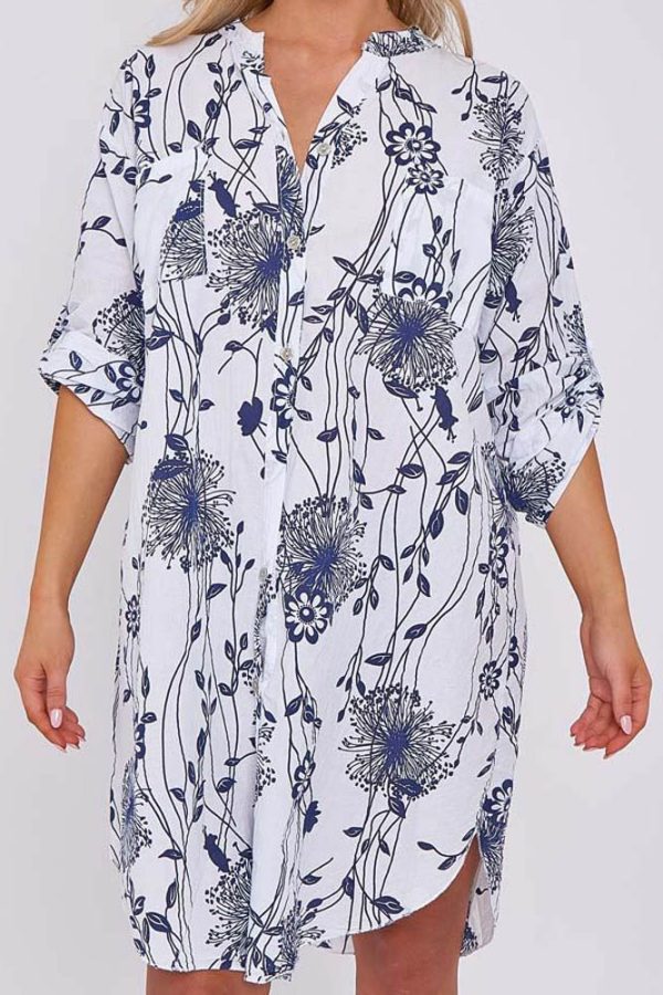 Dandelion Flower Print Pockets Cotton Long Shirt