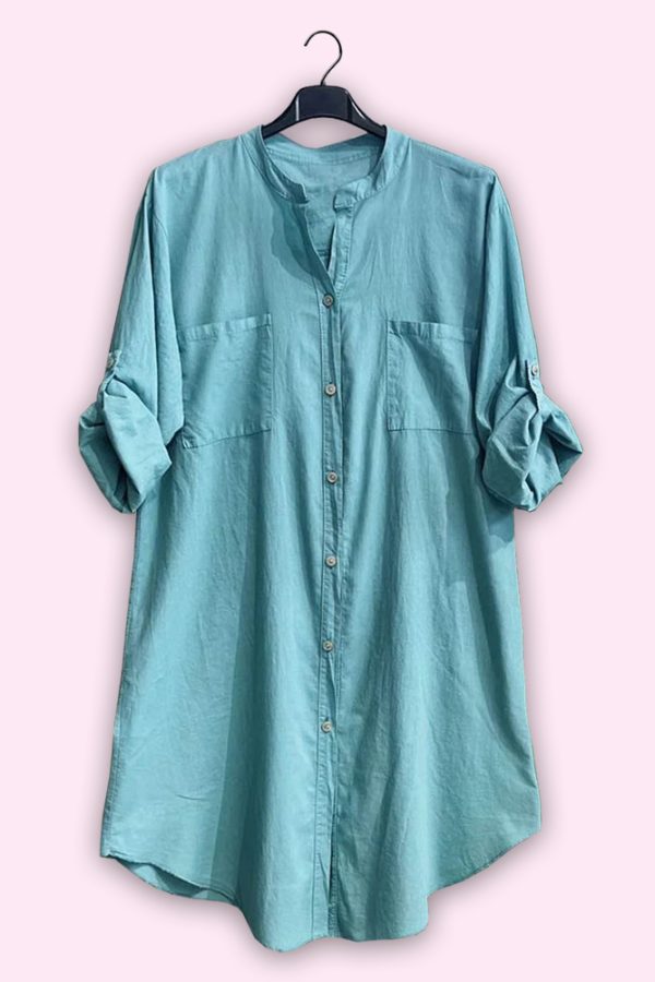 Plain Button Up Pockets Cotton Long Shirt