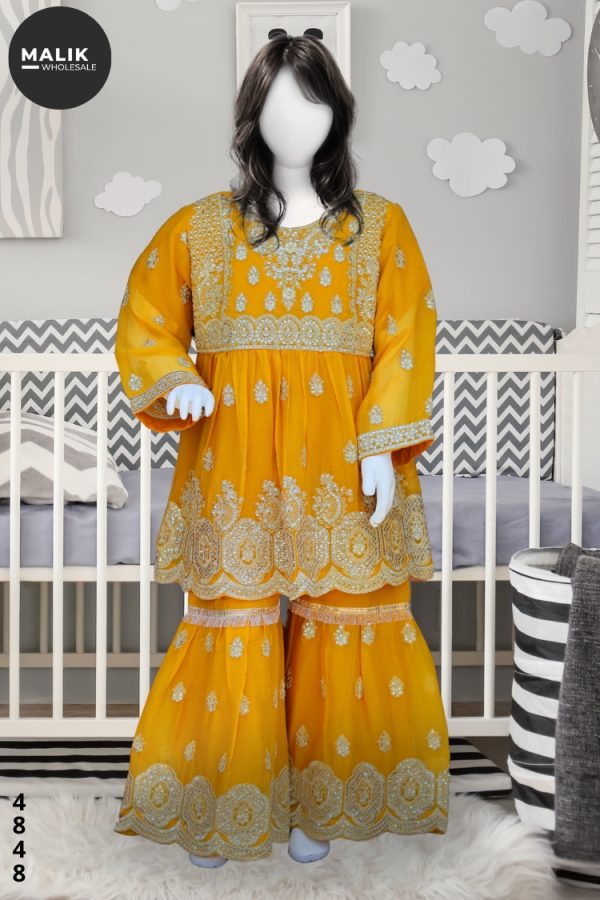 4848-Girls Embroidered Crinkle Chiffon Sharara 3Pcs Set 26-36