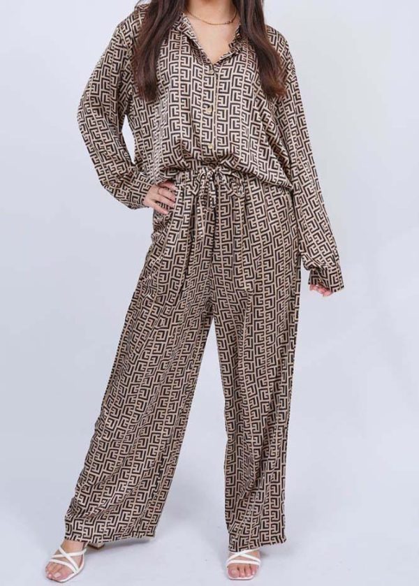 Greek Key Print Belted Waistband Loungewear Set