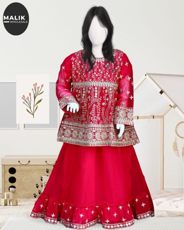 4875-Girls Embroidered Chiffon Lehenga 3Pcs Set-26-36