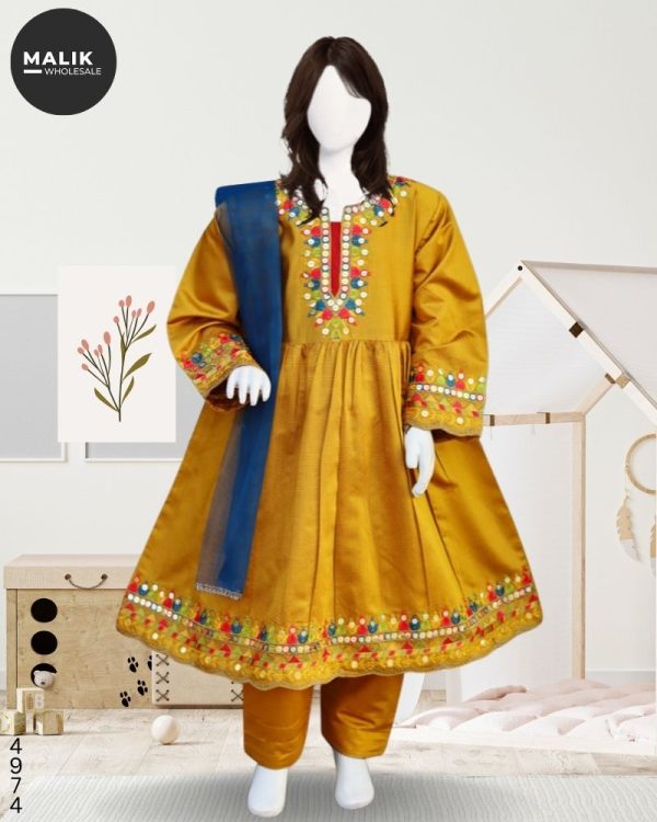 4974-Girls Embroidered Khaadi Khadar Frock 3Pcs Set 26-36