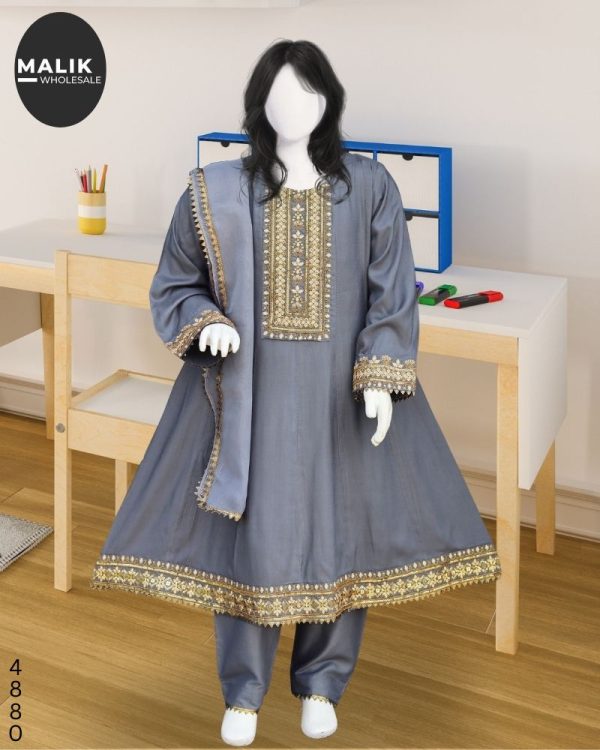 4880-Embroidered Girls Linen Frock 3Pcs Set-26-36