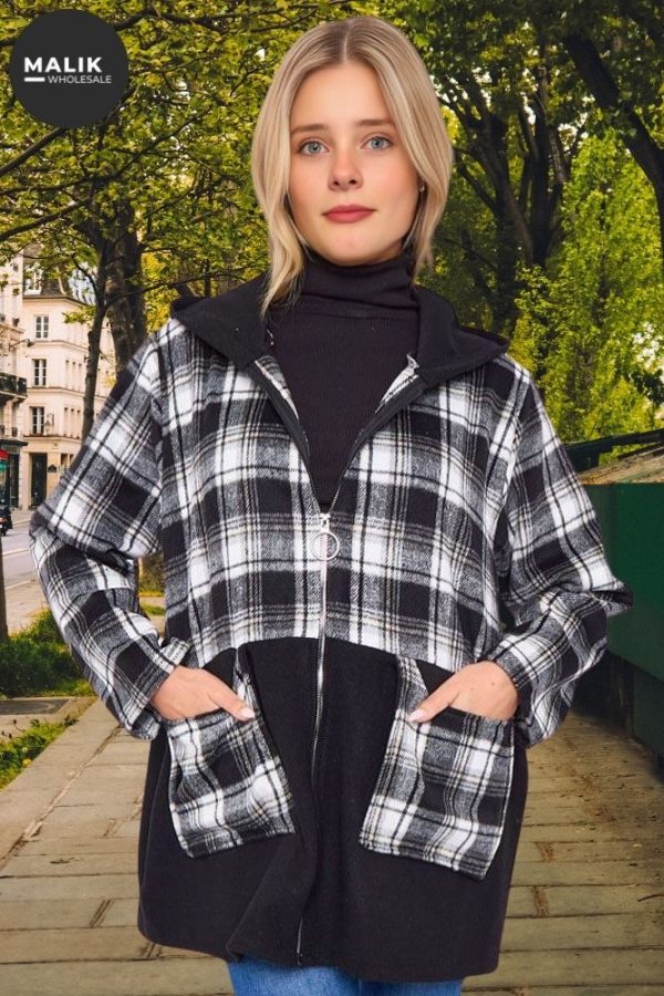 Plaid Pattern Pockets Hooded Jacket