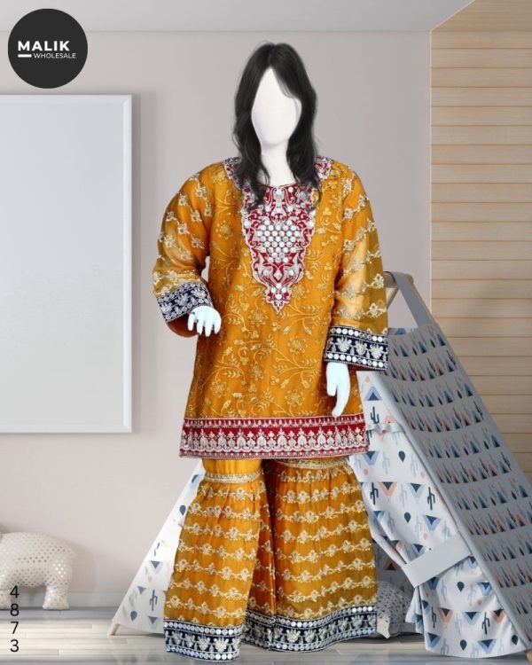 4873-Girls Embroidered Crinkle Chiffon Sharara  3Pcs Set-26-36