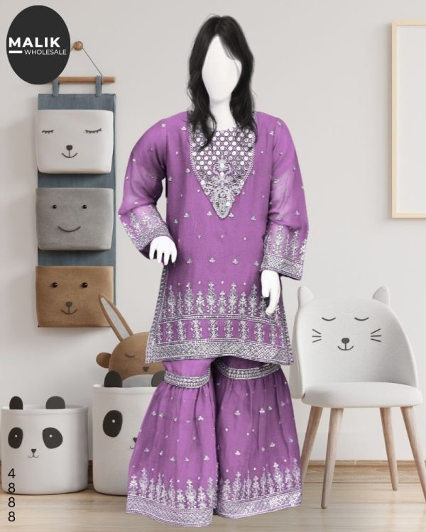 4888-Girls Embroidered Crinkle Chiffon Sharara 3Pcs Set-26-36